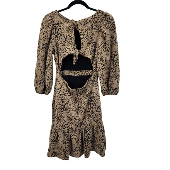 Anthropologie Leopard Cutout Back Mini Dress Sz 6 Puff Sleeves Ruffle Hem Knit - Picture 9 of 12